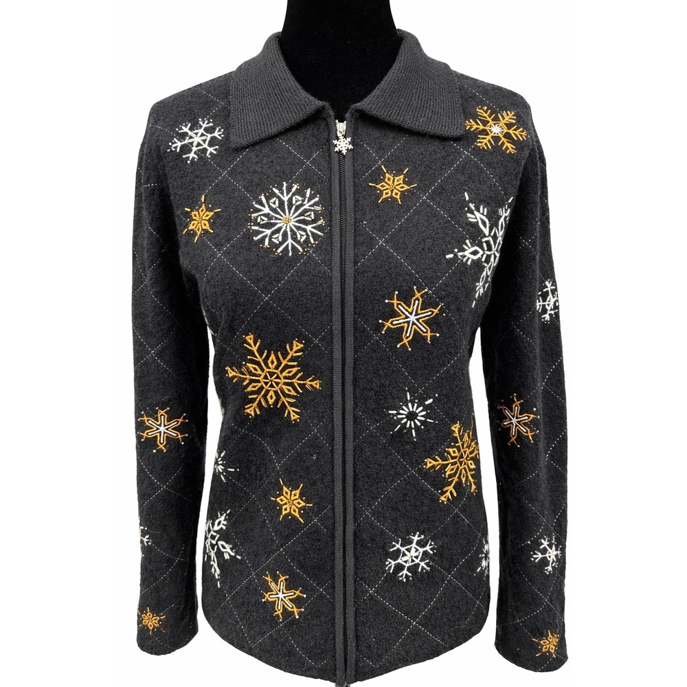 Herman Geist Womens Embroidered Winter Snowflake Cardigan Large Black Wool